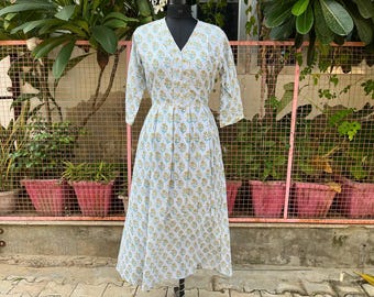 Hand Block Printed Cotton Maxi Dress: Indian Floral Gown