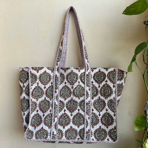 Quilted Cotton Handprinted Reversible Large multicolor Floral Tote Bag Eco friendly Sustainable Sturdy Grocery Shopping Handmade Boho bag