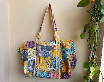 Patchwork Quilted Tote Bag, Boho Cotton Shoulder Bag, Block Printed Handbag