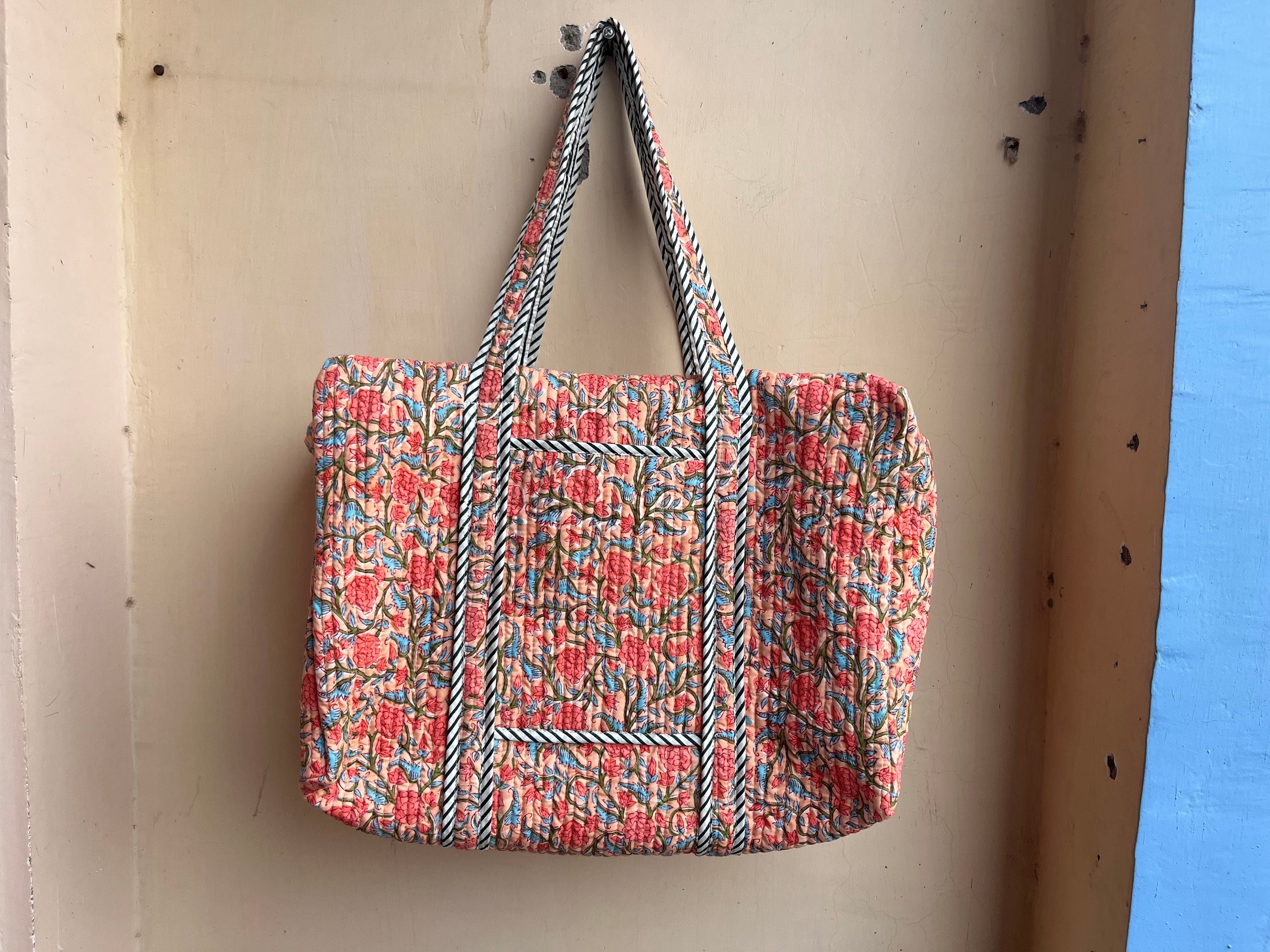 Quilted Duffle Tote Shoulder Patch Bag Cotton Handprint Floral Eco friendly Sustainable bag, Yoga Shopping Beach Artist Boho Weekend bag