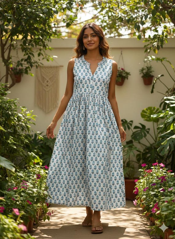 indian cotton tunic dress NEERA Hand Embroidered Pure Soft Cotton Tunic Kurta Dress: Made to Ord Ayurvastram
