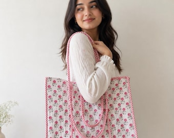 Handmade Quilted Floral Tote Bag: Reversible Cotton Shopper