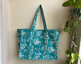 Quilted Cotton Handprinted Reversible Large multicolor Floral Tote Bag Eco friendly Sustainable Sturdy Grocery Shopping Handmade Boho bag