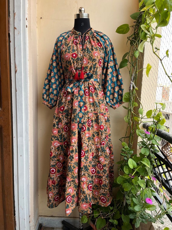 Hand Block Print Cotton Maxi Dress: Boho Tiered Long Sleeve Dress