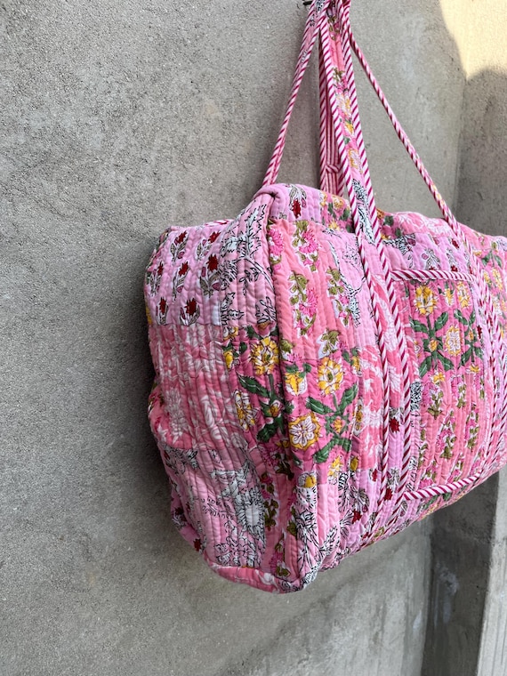 Handmade Quilted Cotton Duffle Bag: Block Print Weekender Travel
