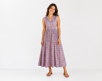 Hand Block Printed Cotton Dress: Indian Maxi Gown, Summer Tunic
