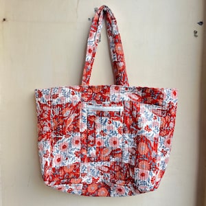 Gesteppte Baumwolle handbedruckt reversibel große mehrfarbige Blumen Einkaufstasche Umweltfreundliche nachhaltige robuste Einkaufstasche handgemachte Boho Tasche