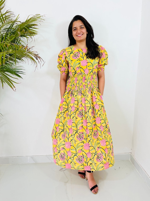 cotton indian print dress Heritage Indigo Block Print Dress