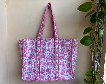 Pink Elephant Block Print Quilted Cotton Tote Bag – Jaipur Boho Shoulder Handbag
