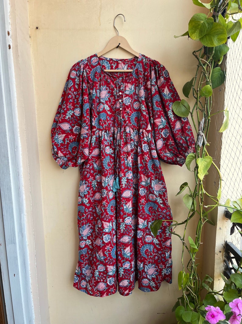 Cream & Dusty Rose Floral Hand Block Print Cotton Maxi Dress – Boho Indian Tiered Dress