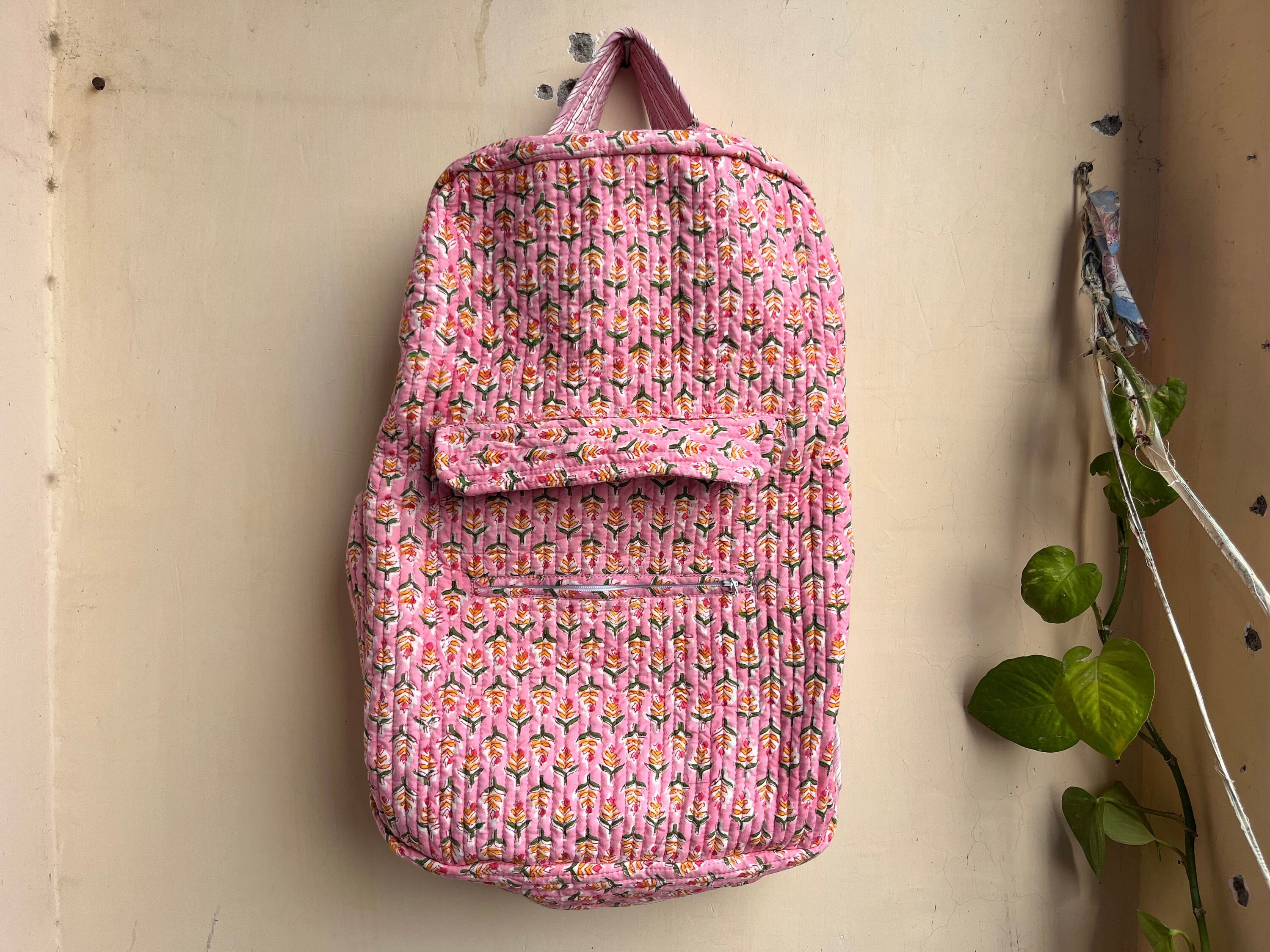 Pink Block Print Quilted Cotton Backpack – Boho Floral Kantha