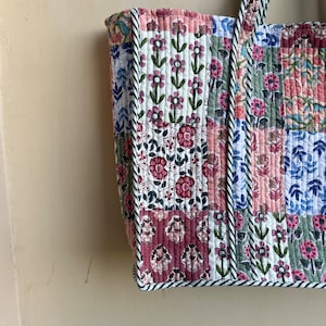 Quilted Cotton Handprinted Reversible Large multicolor Floral Tote Bag Eco friendly Sustainable Sturdy Grocery Shopping Handmade Boho bag image 4