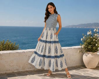 Hand Block Printed Cotton Maxi Dress: Ruffle Neckline Summer Dress