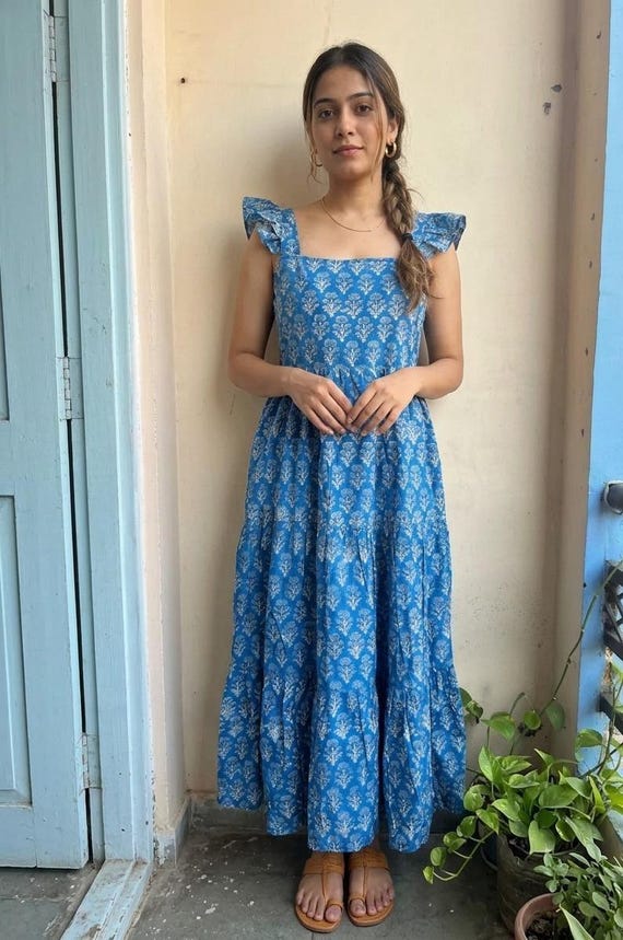 Floral Print Cotton Voile Dress: Frill Sleeve Indian Maxi Summer Dress