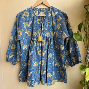 Floral block print tunic top, Deep neck with string closer, Hand Block Print Long Maxi Dress, Customizable Dress for Women, Gift for Her