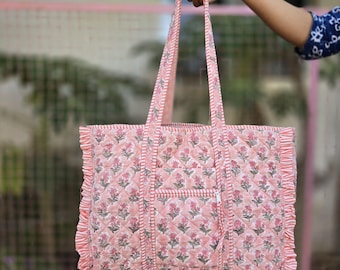 Pink Floral Quilted Tote | Indian Block Print Cotton Shoulder Bag, Boho Travel