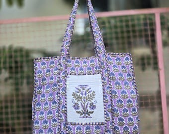 Hand Block Printed Cotton Tote Bag, Quilted Shoulder Bag, Indian Shopping Handbag