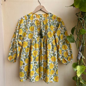 Floral block print tunic top, Deep neck with string closer, Hand Block Print Long Maxi Dress, Customizable Dress for Women, Gift for Her