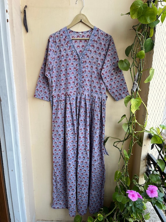 indian long tunic dresses Hand Block Printed Cotton Dress: Indian Long Gown Tunic Summer dress
