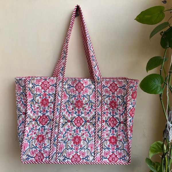 Quilted Cotton Handprinted Reversible Large multicolor Floral Tote Bag Eco friendly Sustainable Sturdy Grocery Shopping Handmade Boho bag