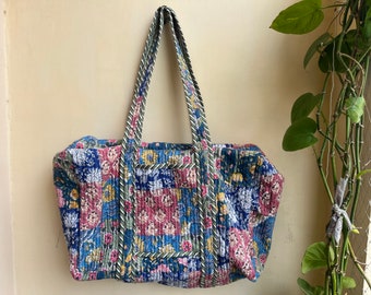 Quilted Duffle Tote Shoulder Patch Bag Cotton Handprint Floral Eco friendly Sustainable bag, Yoga Shopping Beach Artist Boho Weekend bag