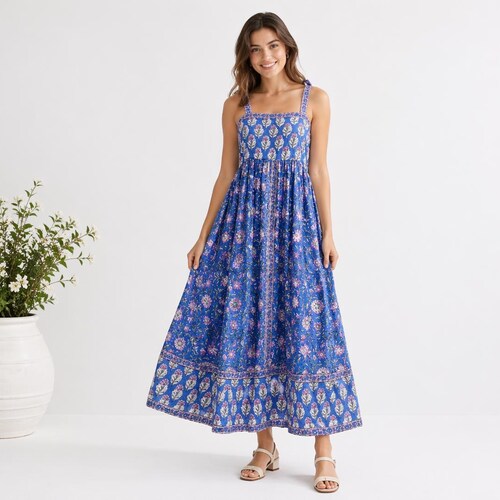 Boho Blue Block Print Sundress: Sleeveless Cotton Voile Summer Dress
