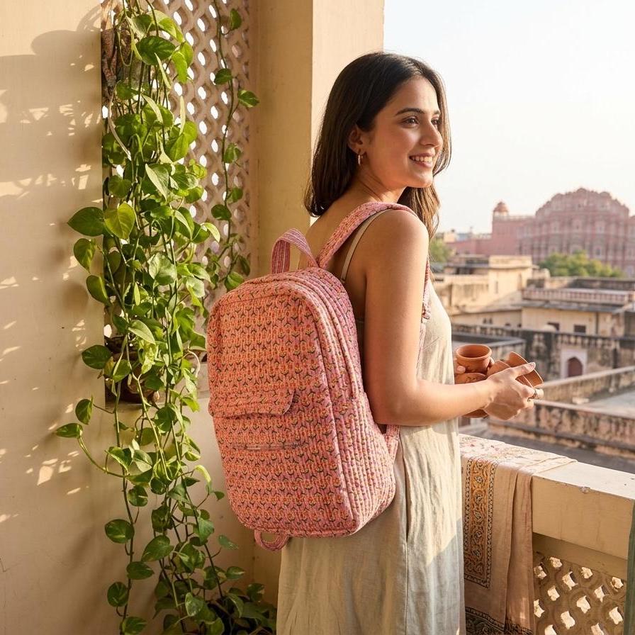 Pink Block Print Quilted Cotton Backpack – Boho Floral  display picture 3