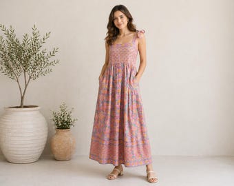 Hand Block Printed Cotton Dress: Sleeveless Indian Tunic Gown Dress