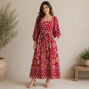 Vestido largo de algodón con estampado de bloques rojos / Estilo bohemio floral indio para verano