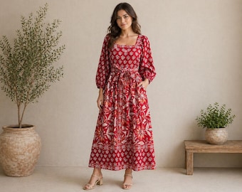 Red Block Print Cotton Maxi Dress | Handmade Indian Floral Dress with Waist Tie | Boho Summer Dress | Tie Waist Cotton Dress
