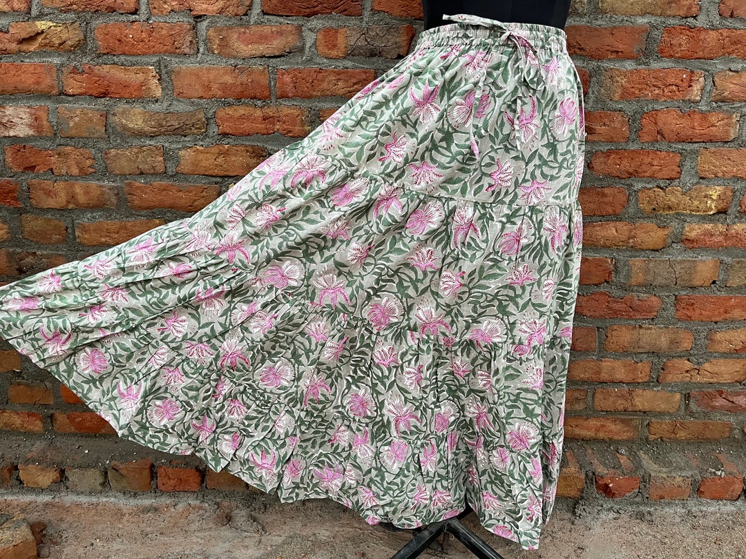 Earthy Toned Handblock Cotton Co-ord Set (Top + Flared Skirt) main image 0