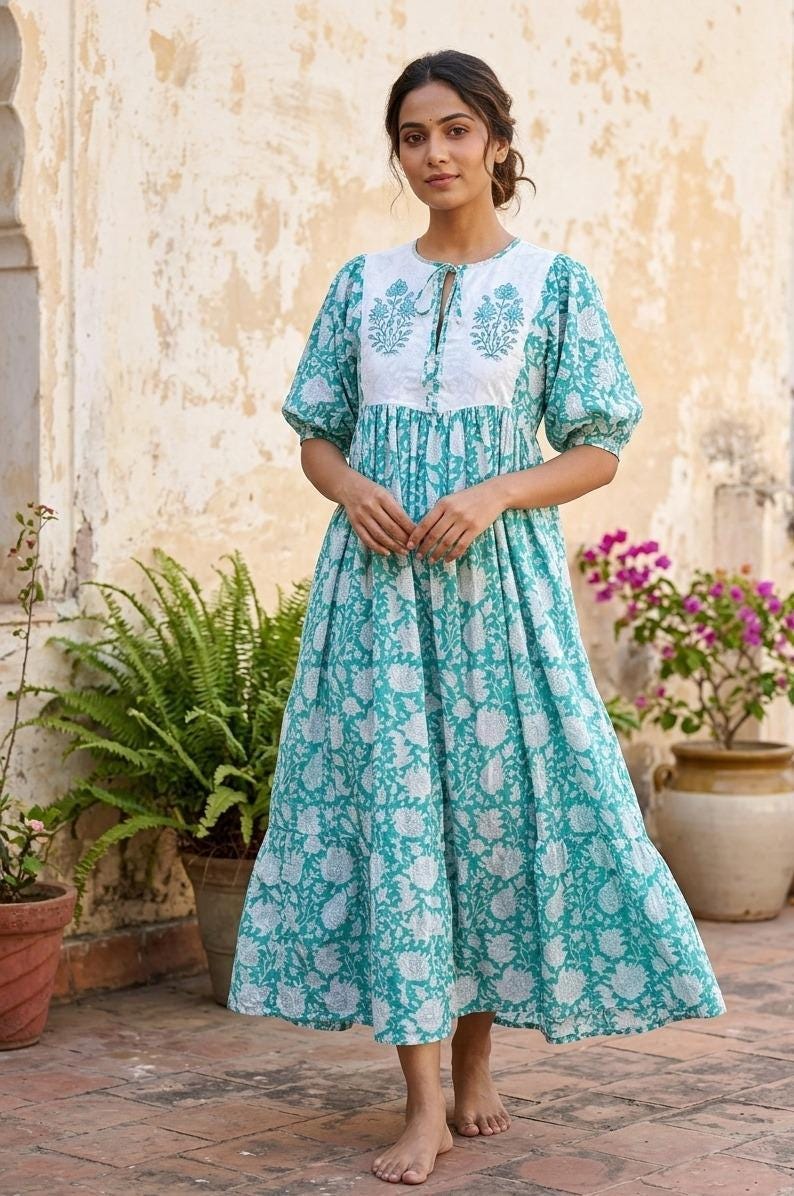 Floral Block Print Cotton Dress: Indian Ethnic Midi Gown Dress - Etsy