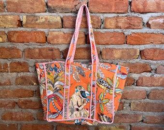 Quilted Cotton Handprinted Reversible Large multicolor Floral Tote Bag Eco friendly Sustainable Sturdy Grocery Shopping Handmade Boho bag