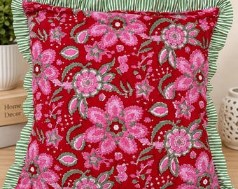 Handmade Block Print Frilled Cushion Covers Floral Print Bed Sofa Decorative Pillow Cases