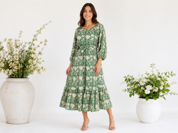 green gauze dress XIRENA Boden | | Size L around staple. Hand Block Printed Cotton Gauze