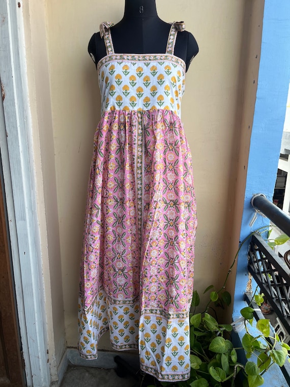 Block Print Cotton Maxi Dress: Pink & Yellow Summer Sundress