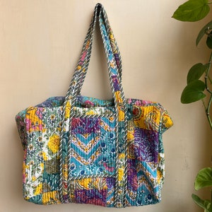 Quilted Duffle Tote Shoulder Patch Bag Cotton Handprint Floral Eco friendly Sustainable bag, Yoga Shopping Beach Artist Boho Weekend bag
