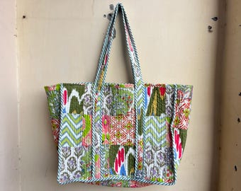 Handmade Quilted Tote Bag – Colorful Geometric Block Print Kantha Shoulder Bag