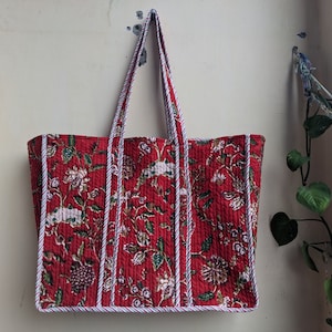 Gesteppte Baumwolle handbedruckt reversibel große mehrfarbige Blumen Einkaufstasche Umweltfreundliche nachhaltige robuste Einkaufstasche handgemachte Boho Tasche