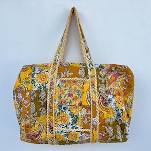 Quilted Duffle Tote Shoulder Patch Bag Cotton Handprint Floral Eco friendly Sustainable bag, Yoga Shopping Beach Artist Boho Weekend bag