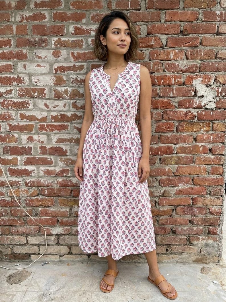 May include: A sleeveless white dress with a pink floral pattern. The dress has a V-neck and a gathered waist. The model is wearing brown sandals. The background is a red brick wall.