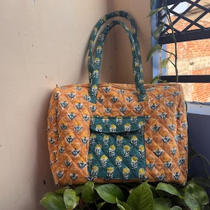 Quilted Cotton Handprinted Reversible Large Blue Floral Tote Bag Eco friendly Sustainable Sturdy Grocery Shopping Handmade Art Boho