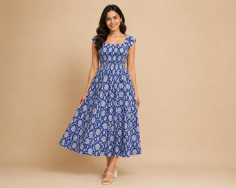 Hand Block Printed Cotton Dress: Indian Long Gown Tunic