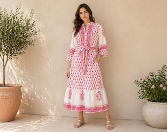 Hand Block Print Cotton Maxi Dress | Pink Floral Boho Summer Dress