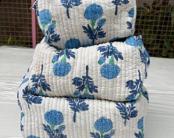 Hand Block Printed Cotton Toiletry Bag Set: Quilted Travel Accessory