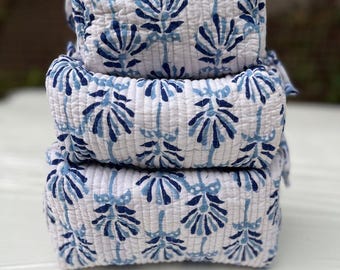 Hand Block Printed Cotton Toiletry Bag Set: Quilted Travel Accessory