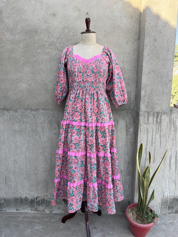 Hand Block Print Floral Maxi Dress, Boho Cotton Summer Gown, Smocked Bodice, Puff Sleeves