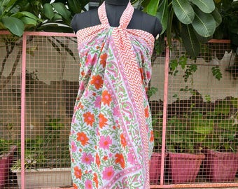 Hand Block Print Cotton Sarong, Beach Wrap Pareo, 180cm x 100cm