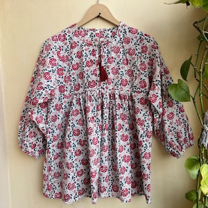 Floral block print tunic top, Deep neck with string closer, Hand Block Print Long Maxi Dress, Customizable Dress for Women, Gift for Her