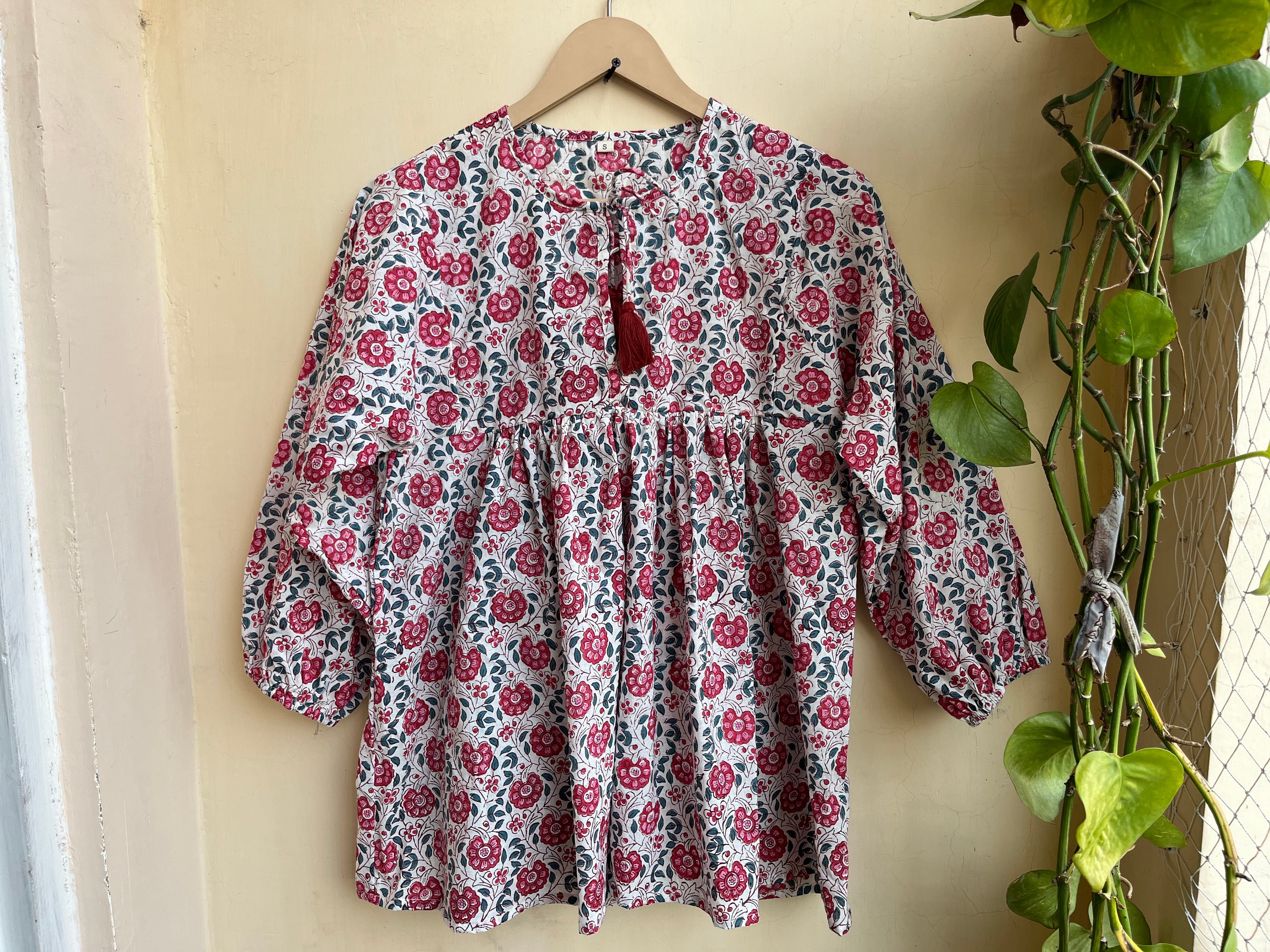 Floral block print tunic top, Deep neck with string closer, Hand Block Print Long Maxi Dress, Customizable Dress for Women, Gift for Her